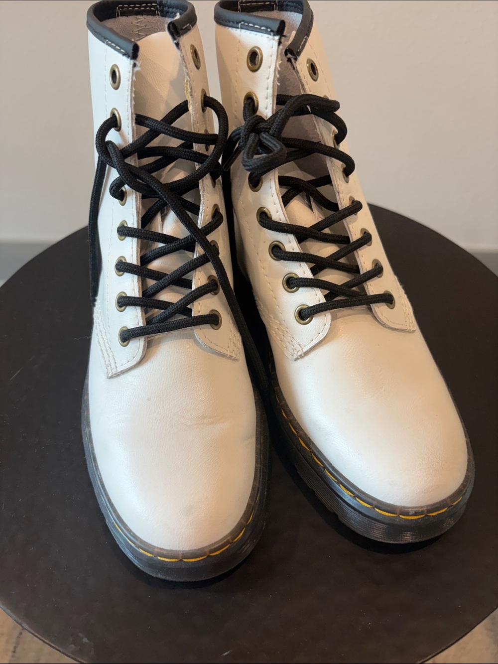 Dr. Martens White Leather Lace-Up Boots with Black Laces and Yellow Stitching